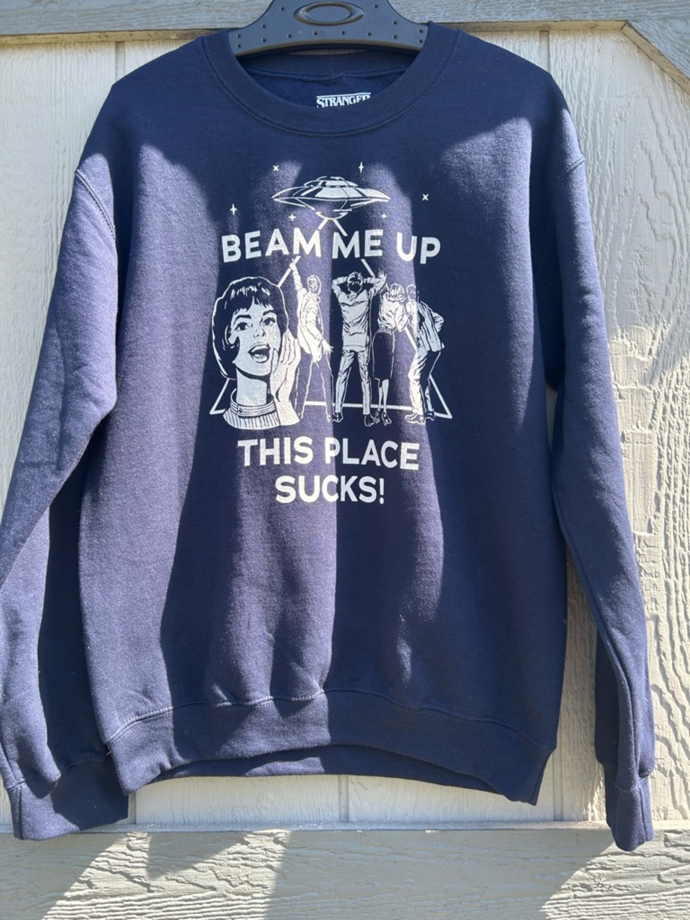 Stranger Things Beam Me Up, This Place Sucks” Sweatshirt – Size Small